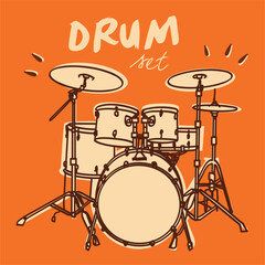 Retro-style illustration of a drum set with cymbals and bass drum. Ideal for music-themed designs, educational content, or vintage artwork with a rock or jazz vibe.