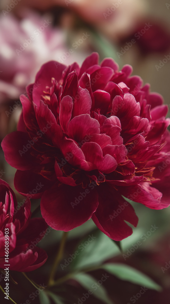 Poster close-up of dark-red peony flower, showcasing layered petals and subtle texture, representing elegan