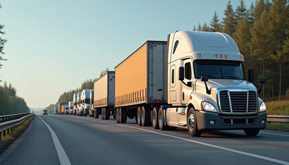Semi trucks driving freeway road. Freight transportation, cargo delivery. Lorry fleet, trucking industry. Transport vehicles, travel, highway. Delivery service concept.