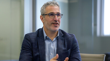 Close up shot of a man with glasses wearing a suit in an office setting speaking