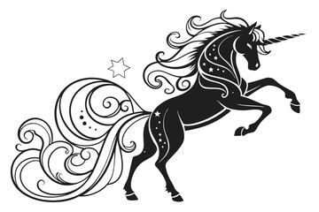 77 Silhouette unicorn, flowing mane and tail, black and white illustration, elegant curves, magical creature, fantasy art, detailed linework, whimsical design, mythical beast, stylized vector graphic,