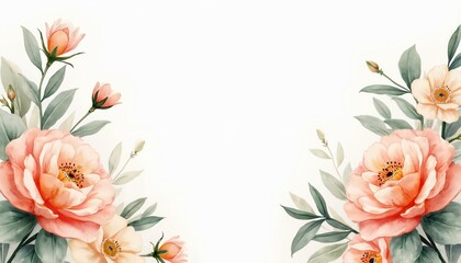 Fototapeta premium Watercolor floral illustration flowers, white background. Artistic botanical drawing suitable design, presentation, greeting cards, invitations. Delicate elegant pastel colors peach, pink, orange,
