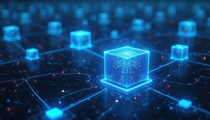 Three-dimensional blue data block network. Digital futuristic background with connected blocks. Tech concept. Data transfer information flow, innovation, technology. Modern design. Abstract.