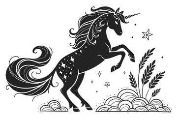 77 Silhouette unicorn, flowing mane and tail, black and white illustration, elegant curves, magical creature, fantasy art, detailed linework, whimsical design, mythical beast, stylized vector graphic,
