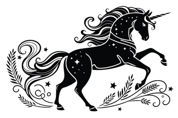 77 Silhouette unicorn, flowing mane and tail, black and white illustration, elegant curves, magical creature, fantasy art, detailed linework, whimsical design, mythical beast, stylized vector graphic,