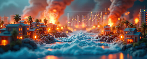 Illustrated infographic comparison natural disaster frequencies. City destroyed by fire, water, wind. Visualization data charts, graphs. Hazards risks, safety, prevention, emergency preparedness.