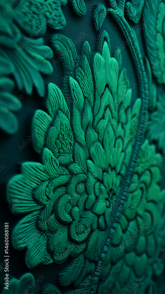 Poster close-up of teal textured floral pattern, embossed effect, creating a rich and detailed appearance, 