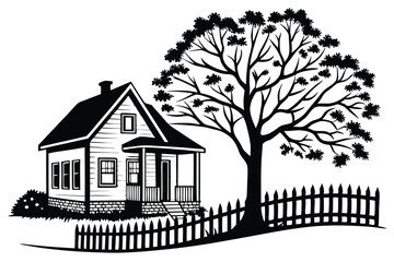 78 Silhouette of a house, large tree, picket fence, simple black and white illustration, clean lines, minimalist design, iconic home shape, cozy cottage aesthetic, stark contrast, graphic style, symbo