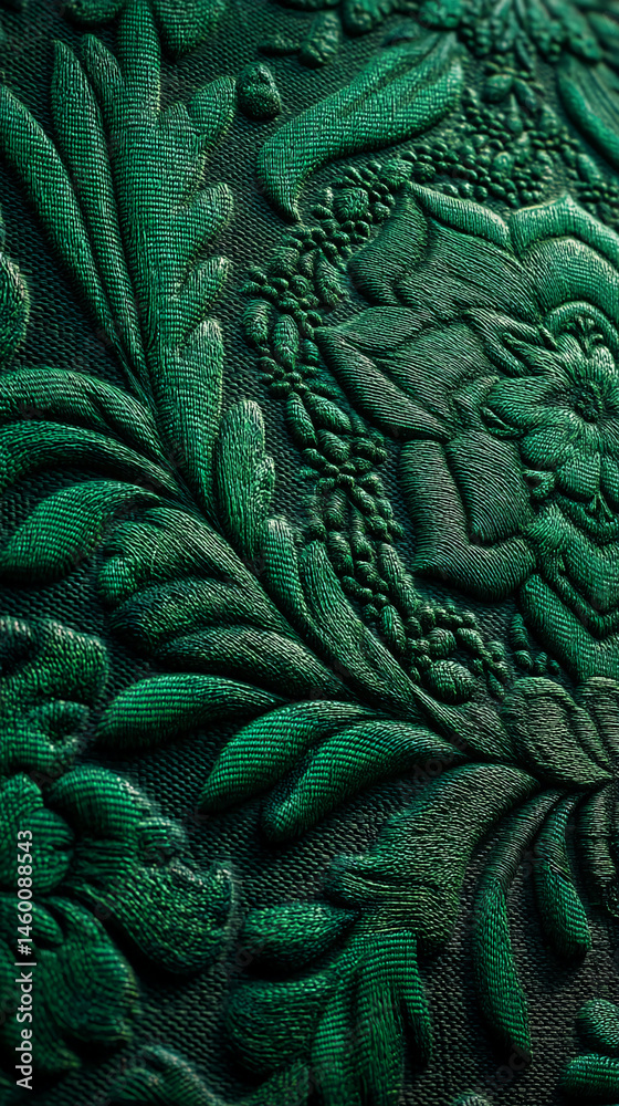 Poster close-up of dark green textured fabric with embossed floral pattern, showcasing intricate detail and