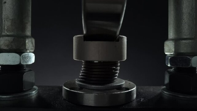 Industrial metal spring mechanism in close-up view, part of a mechanical press.