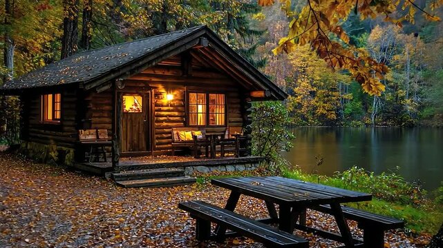 Rustic cabin by a lake at dusk.
