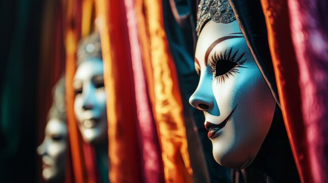 Colorful painted masks with dramatic light for festival culture artistic costume mysterious face theme concept