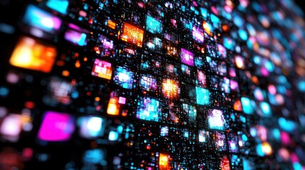 Obraz premium Abstract digital wall of colorful glowing squares.