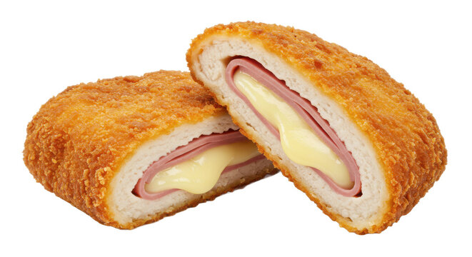 Close up shot of two pieces of cordon bleu showing the ham cheese and breading on a neutral background