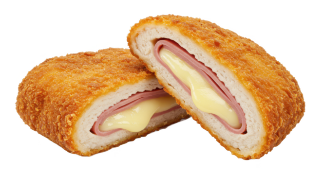 Close up shot of two pieces of cordon bleu showing the ham cheese and breading on a neutral background