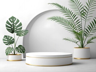 Empty podium on minimal background Abstract minimal scene with geometric shape object Design for product presentation. White pedestals with gold accents, surrounded by a white background.