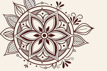 79 Intricate mandala design, symmetrical floral pattern, brown and white color scheme, circular geometric shape, detailed petal-like elements, radial composition, ornate decorative illustration, zenta