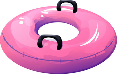 Pink swim ring with black handles. Cute inflatable float design. Summer-themed vector illustration.
