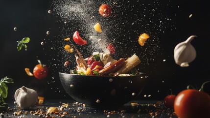 Exploding food ingredients in midair for cooking concept flavor explosion creative culinary scene photography