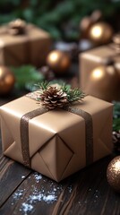 A Beautifully Wrapped Gift Box With Festive Decorations Around It