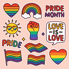 Colorful sticker set with LGBT pride symbols including rainbow, heart, fists and flags with love is love text