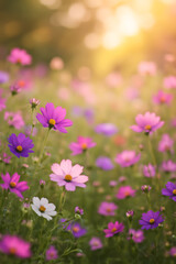 Fototapeta premium A field of pink and purple flowers is bathed in warm sunlight with a blurred background, creating a dreamy, natural scene