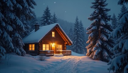 Fototapeta premium Cozy winter cabin glows warmly night. Snowy forest, evergreen trees, lights inside, snow covered roof, smoke from chimney, peaceful landscape. Rural, idyllic holiday home retreat.