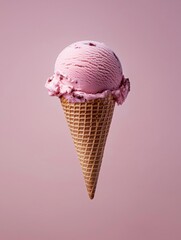 The image is of a waffle cone filled with a pink ice cream. the ice cream is a light pink color and appears to be freshly scooped. the cone is made of waffle and has a light brown color.