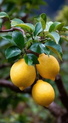 Three Yellow Lemons Growing on a Branch with Green Leaves in Natural Setting