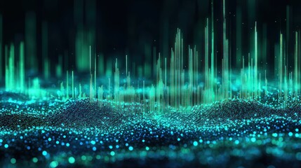 Abstract teal data visualization with glowing particles and lines forming a landscape.