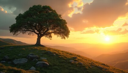 Fototapeta premium Lone tree on hill at sunset. Scenic landscape with orange sky, sunlight. Nature beauty, serenity, strength, resilience. Illustration generative AI, peaceful scene, environmental awareness.