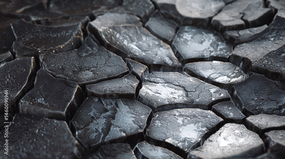 Poster close-up of dark gray cracked surface texture, showing irregular shapes and depth, suggesting stone 