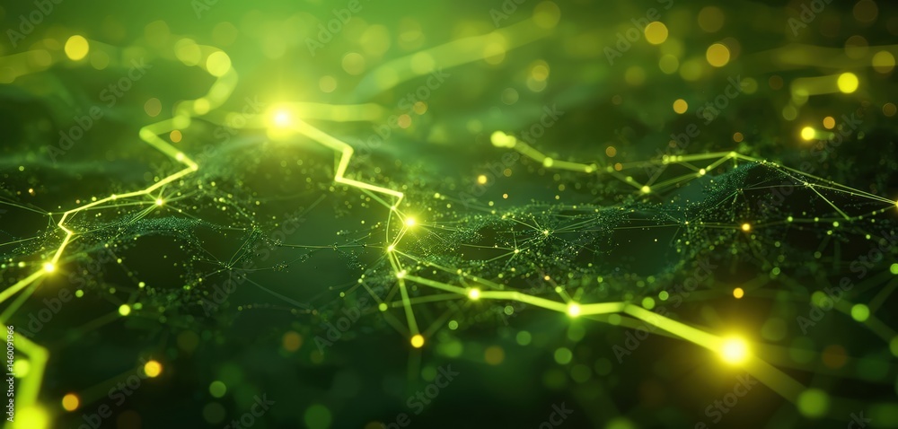 Poster Abstract illustration digital logistics tech with dynamic green lines, connections. Concept network, data transfer, blockchain, AI, cloud computing, big data, future tech solutions for e-commerce,