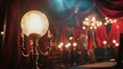 Vintage lightbulbs in grand chandelier theater decor for retro cinema ambiance luxurious golden warm interior