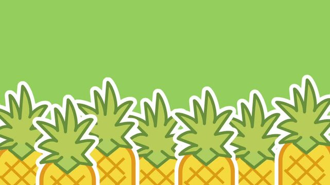 Bright green background with a lively border of pineapples along the bottom, showcasing a vibrant and fresh tropical fruit scene.