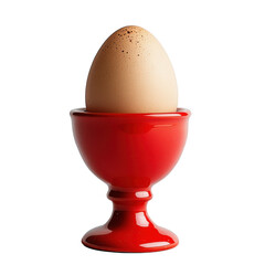 A speckled chicken egg in a vibrant red pedestal egg holder still