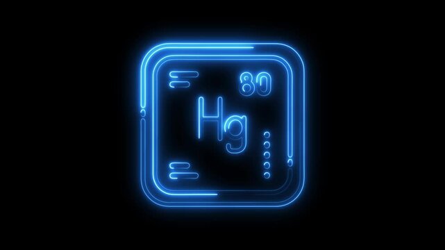 Luminous neon periodic table element mercury number 80 with blue glow on black background