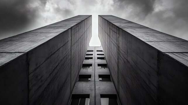 Stunning black and white architecture shot showcasing tall concrete structures with dramatic clouds overhead, highlighting modern design. - Powered by Adobe