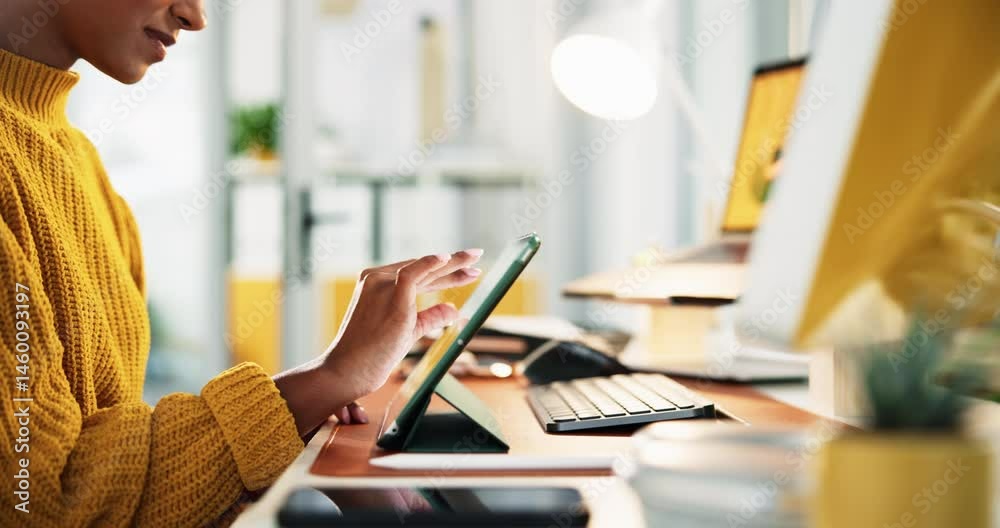 Fototapete hands, tablet and typing with creative person closeup in office for administration or business. app,