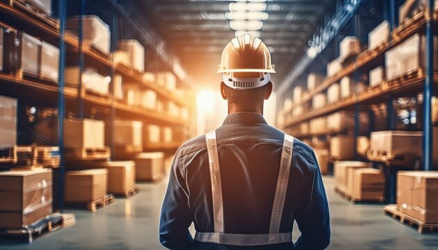 man working in factory warehouse. blurred background for transport industry and business