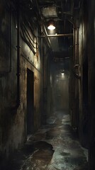 Fototapeta premium A narrow, dimly lit corridor with rusty pipes and wet floors, creating a haunting atmosphere. Ideal for horror or thriller themes.