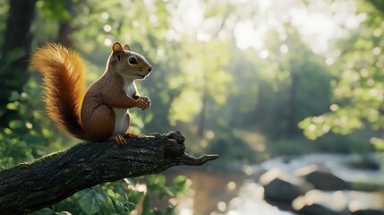 Squirrel Sitting on Tree Branch in Golden Autumn Forest Lighting high resolution picture