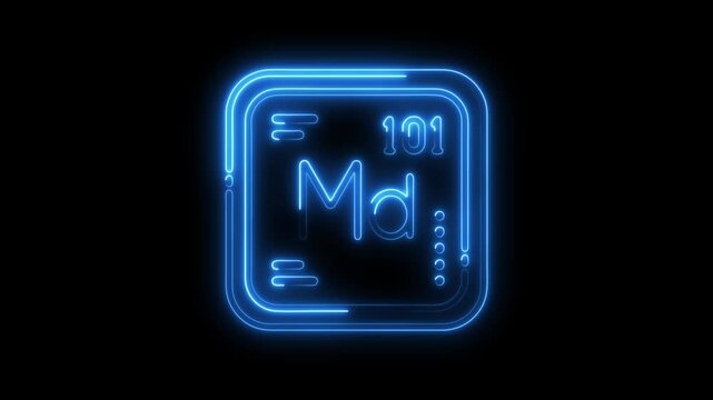 Glowing neon element 101 mendelevium periodic table symbol animation on black background