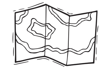 Hand-drawn vector topographic map illustration in black and white. Folded map with contour lines, ideal for travel, navigation, hiking, and adventure-themed designs or educational materials.