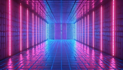 Fototapeta premium 3D render of futuristic club or disco space. Neon lights illumination creating vibrant atmosphere. Empty room, perfect backdrop for entertainment, parties. Nightlife, events, music, dance.