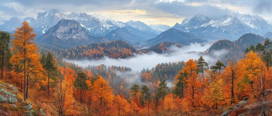 Panoramic autumn scene misty valley nestled amongst vibrant foliage, snow-capped mountains in the background