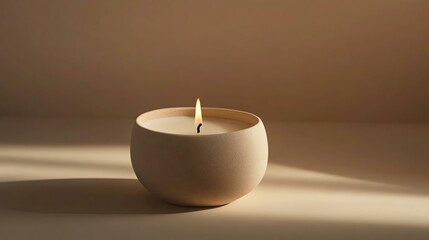 A serene candle in a minimalist ceramic holder, emitting a warm glow against a soft, neutral background. Perfect for relaxation and ambiance.