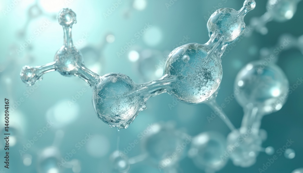 Poster intricate 3d rendering water molecule structure. blue transparent spheres connected, representing ch