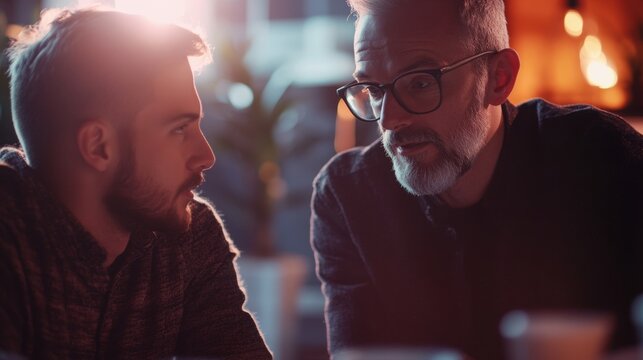 Two men, a younger and an older man, engage in a serious discussion du a late-night meeting, illuminated by warm lighting, showing intense focus and conversation.