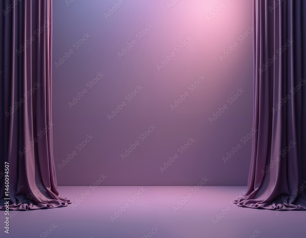 Poster purple curtain opened on blank stage. symmetric composition, fabric drapes to each side. background 